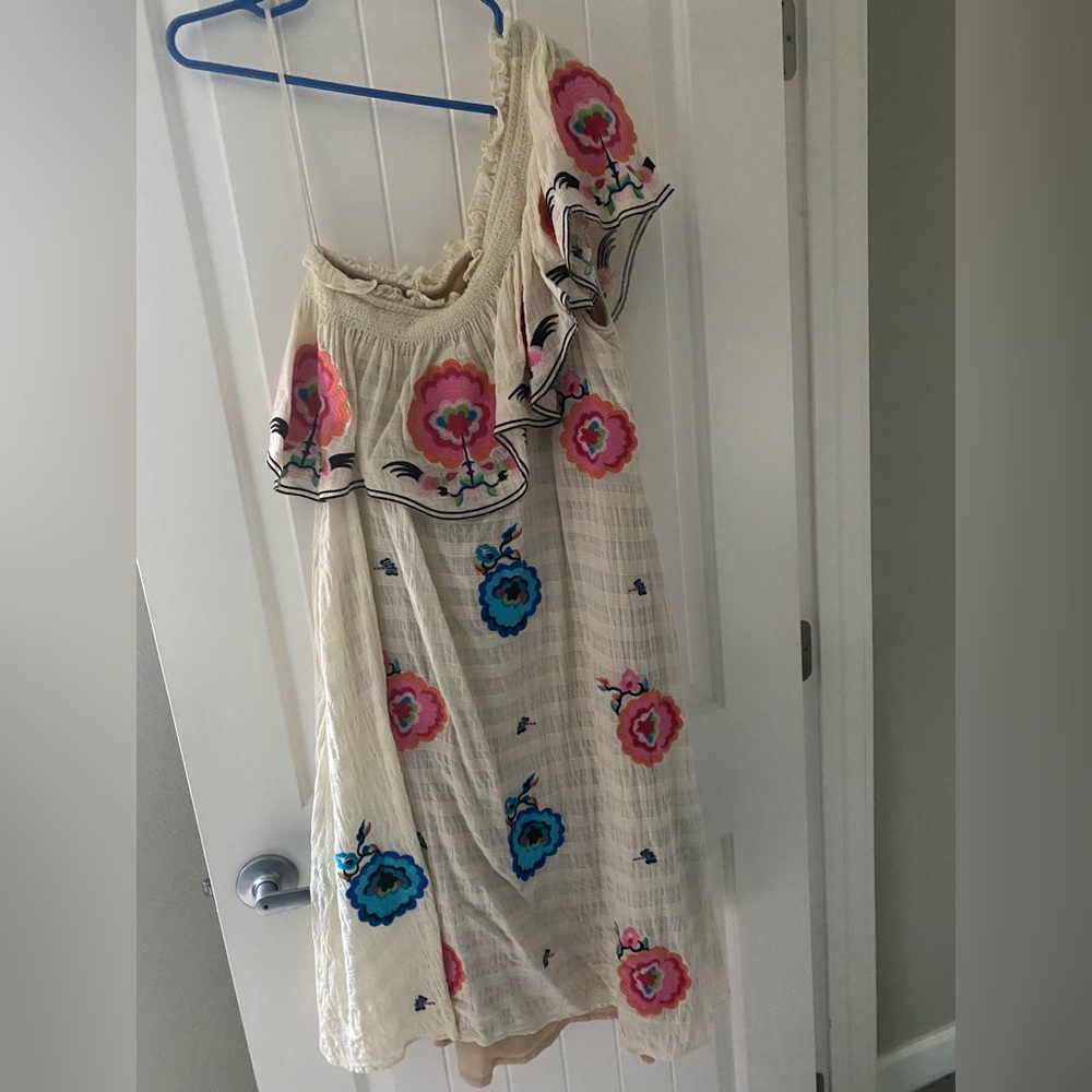 Floral Embroidery One Shoulder Dress